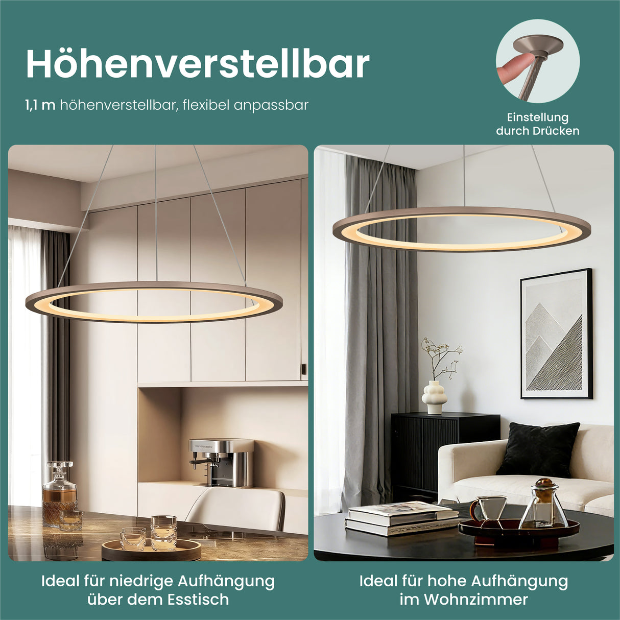 glasvilla Pendelleuchte Esstisch, LED Hängelampe, stufenlos dimmbar 3000K–6000K, höhenverstellbare Esstischlampe mit Fernbedienung & Wandschalter Luvina01