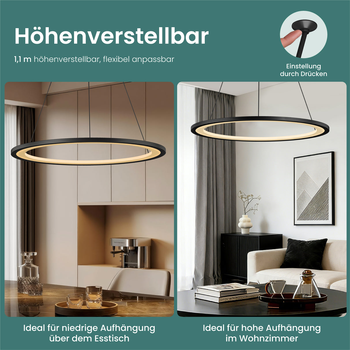 glasvilla Pendelleuchte Esstisch, LED Hängelampe, stufenlos dimmbar 3000K–6000K, höhenverstellbare Esstischlampe mit Fernbedienung & Wandschalter Luvina01