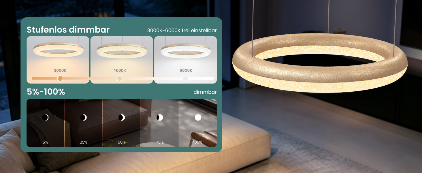 glasvilla Pendelleuchte Esstisch,  LED Moderne Hängelampe, stufenlos dimmbar 3000K–6000K, höhenverstellbare Design  Esstischlampe mit Fernbedienung & Wandschalter, Luvina03