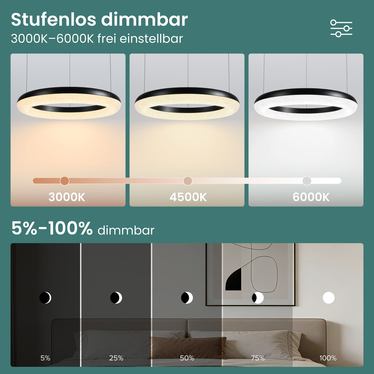 glasvilla Pendelleuchte Esstisch,  LED Moderne Hängelampe, stufenlos dimmbar 3000K–6000K, höhenverstellbare Design  Esstischlampe mit Fernbedienung & Wandschalter, Luvina03