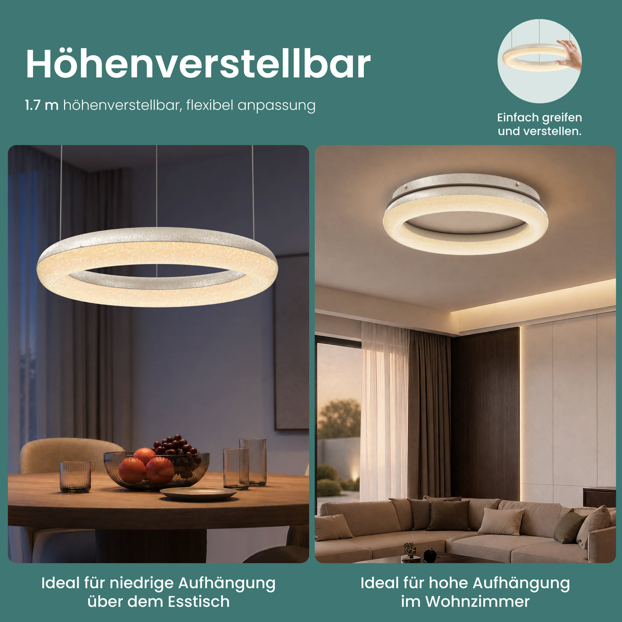 glasvilla Pendelleuchte Esstisch,  LED Moderne Hängelampe, stufenlos dimmbar 3000K–6000K, höhenverstellbare Design  Esstischlampe mit Fernbedienung & Wandschalter, Luvina03