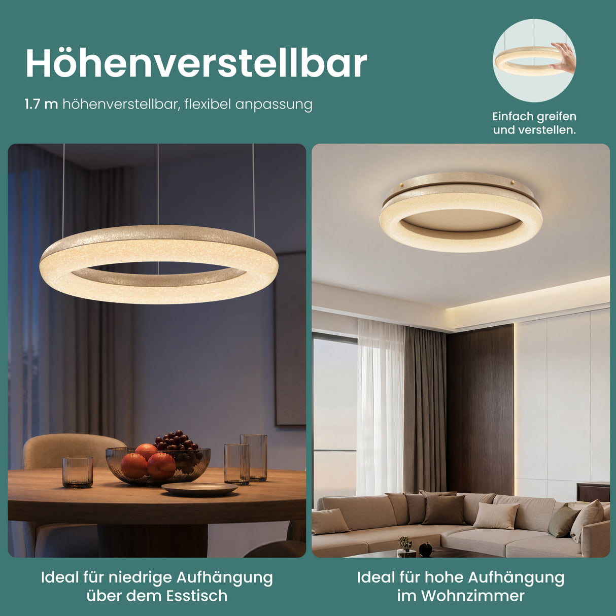 glasvilla Pendelleuchte Esstisch,  LED Moderne Hängelampe, stufenlos dimmbar 3000K–6000K, höhenverstellbare Design  Esstischlampe mit Fernbedienung & Wandschalter, Luvina03