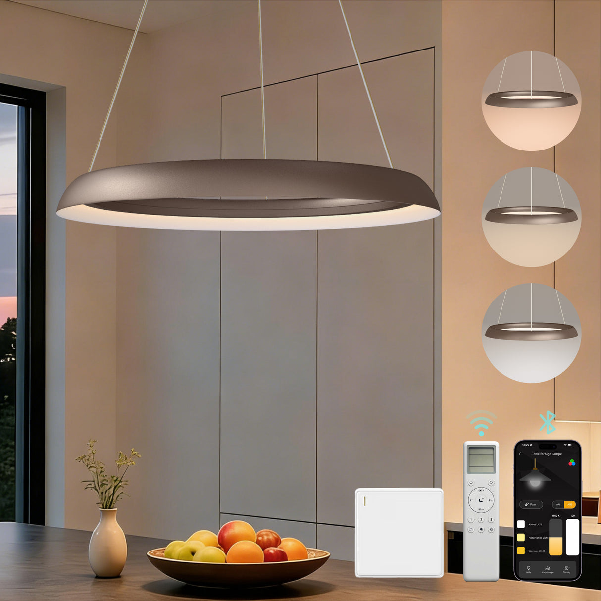 glasvilla Pendelleuchte Esstisch,  LED Moderne Hängelampe, stufenlos dimmbar 3000K–6000K, höhenverstellbare Design 20W Esstischlampe mit Fernbedienung & Wandschalter, Luvina04