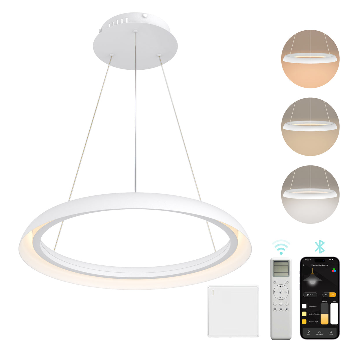 glasvilla Pendelleuchte Esstisch,  LED Moderne Hängelampe, stufenlos dimmbar 3000K–6000K, höhenverstellbare Design 20W Esstischlampe mit Fernbedienung & Wandschalter, Luvina04
