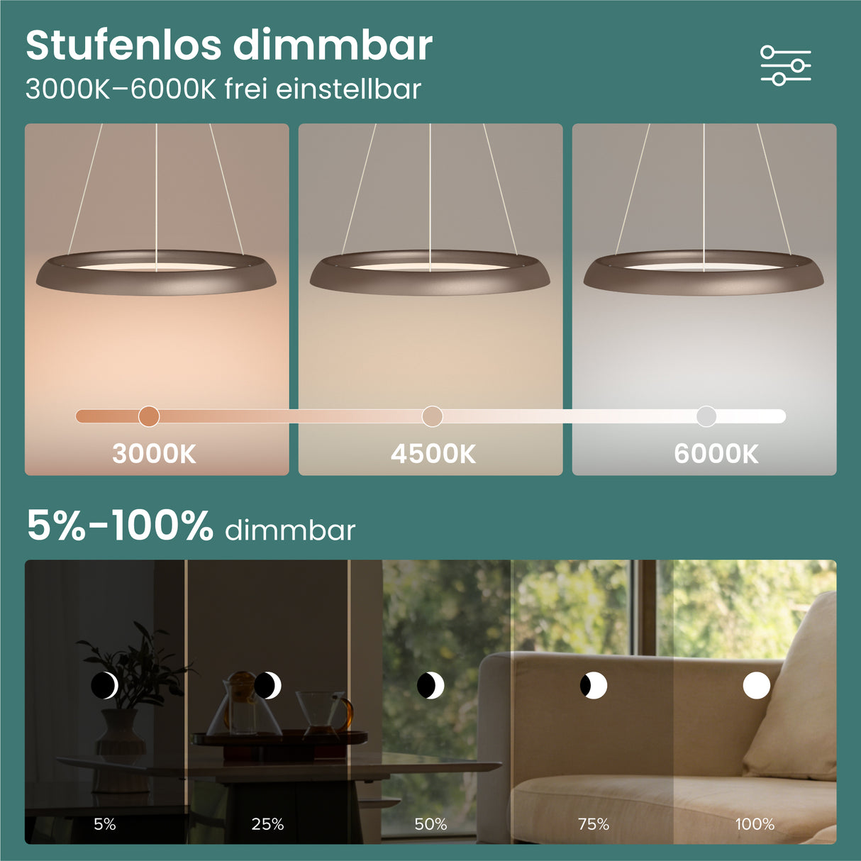 glasvilla Pendelleuchte Esstisch,  LED Moderne Hängelampe, stufenlos dimmbar 3000K–6000K, höhenverstellbare Design 20W Esstischlampe mit Fernbedienung & Wandschalter, Luvina04