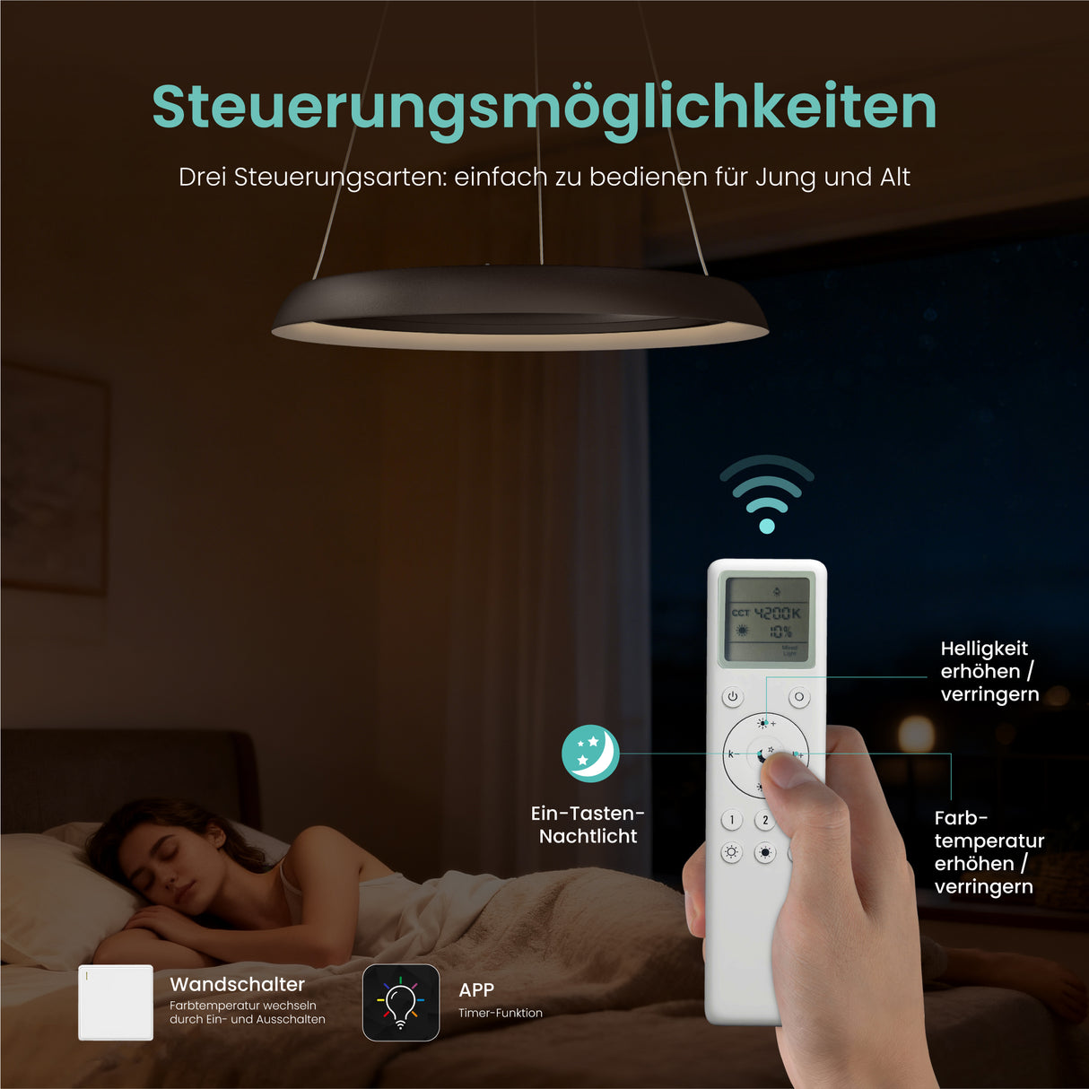 glasvilla Pendelleuchte Esstisch,  LED Moderne Hängelampe, stufenlos dimmbar 3000K–6000K, höhenverstellbare Design 20W Esstischlampe mit Fernbedienung & Wandschalter, Luvina04