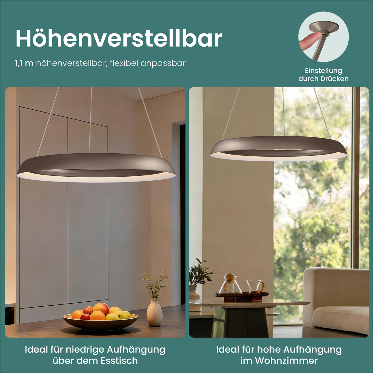 glasvilla Pendelleuchte Esstisch,  LED Moderne Hängelampe, stufenlos dimmbar 3000K–6000K, höhenverstellbare Design 20W Esstischlampe mit Fernbedienung & Wandschalter, Luvina04