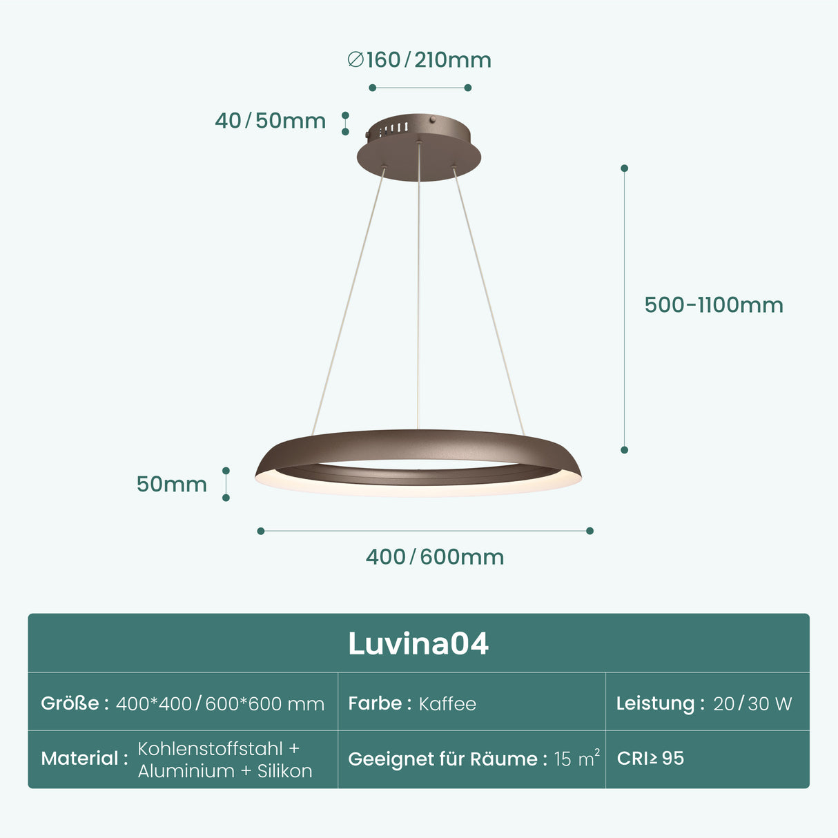 glasvilla Pendelleuchte Esstisch,  LED Moderne Hängelampe, stufenlos dimmbar 3000K–6000K, höhenverstellbare Design 20W Esstischlampe mit Fernbedienung & Wandschalter, Luvina04