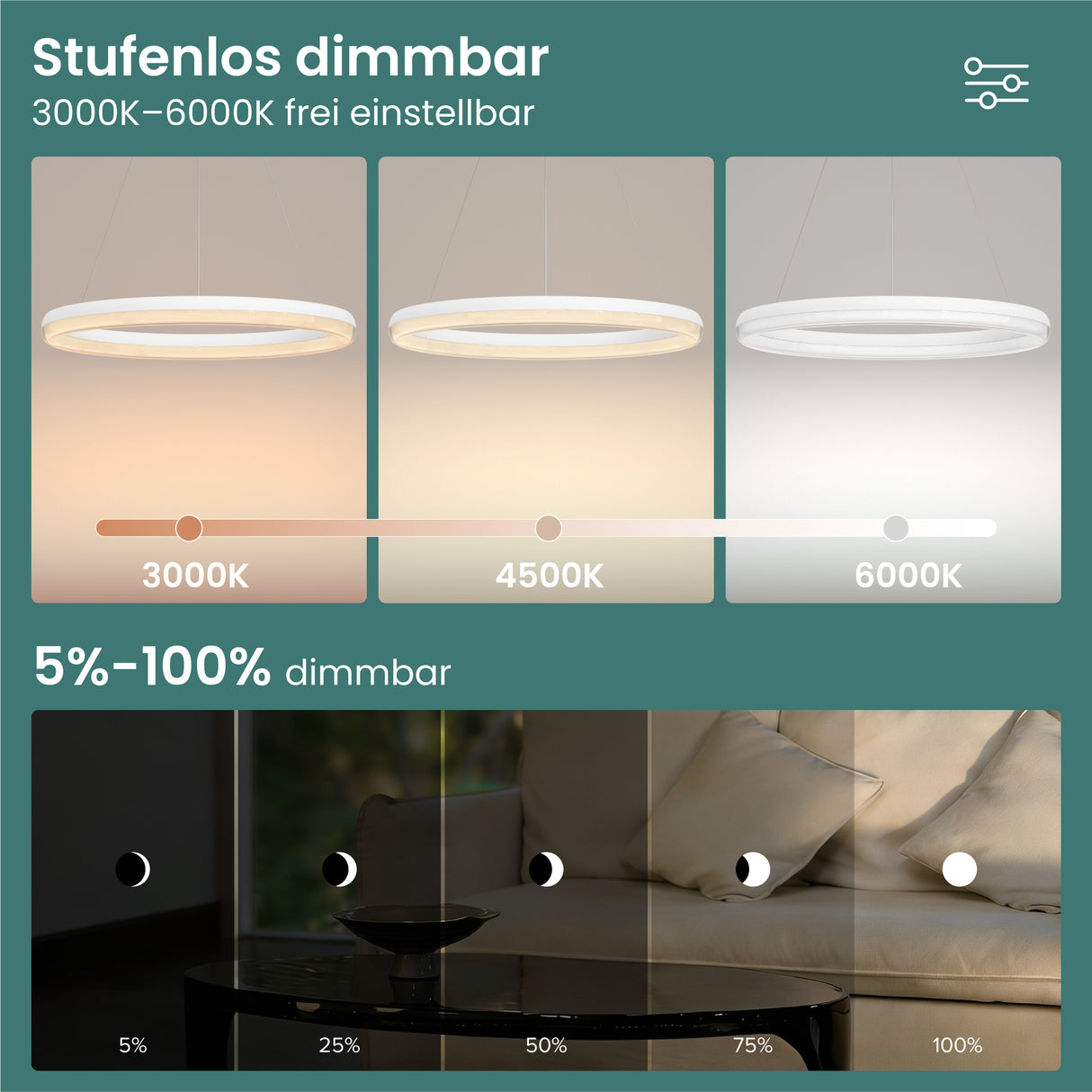 glasvilla Mai & Mai Pendelleuchte Esstisch, LED Moderne Hängelampe, stufenlos dimmbar 3000K–6000K, höhenverstellbare Design Esstischlampe mit Fernbedienung & Wandschalter, Luvina05