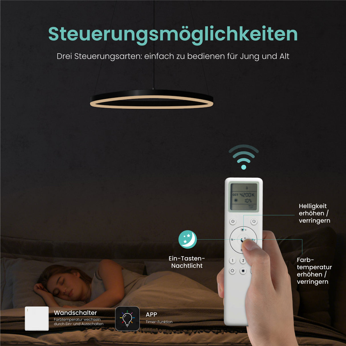 glasvilla Pendelleuchte 50cm LED Hängelampe Dynamisches Wellendesign 3000K/4000K/6000K Verstellbares Kabel 16W Hängeleuchte für Esszimmer Wohnzimmer Schlafzimmer