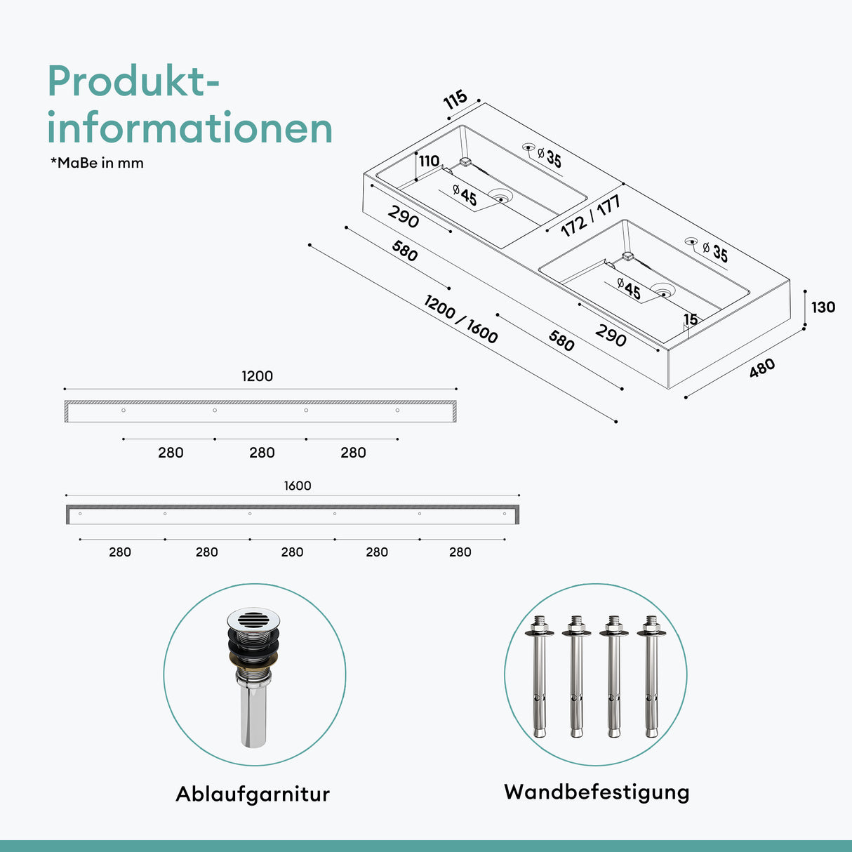glasvilla Lavabo da Appoggio Lavandino Bagno Sospeso da Marmo Fuso Col12