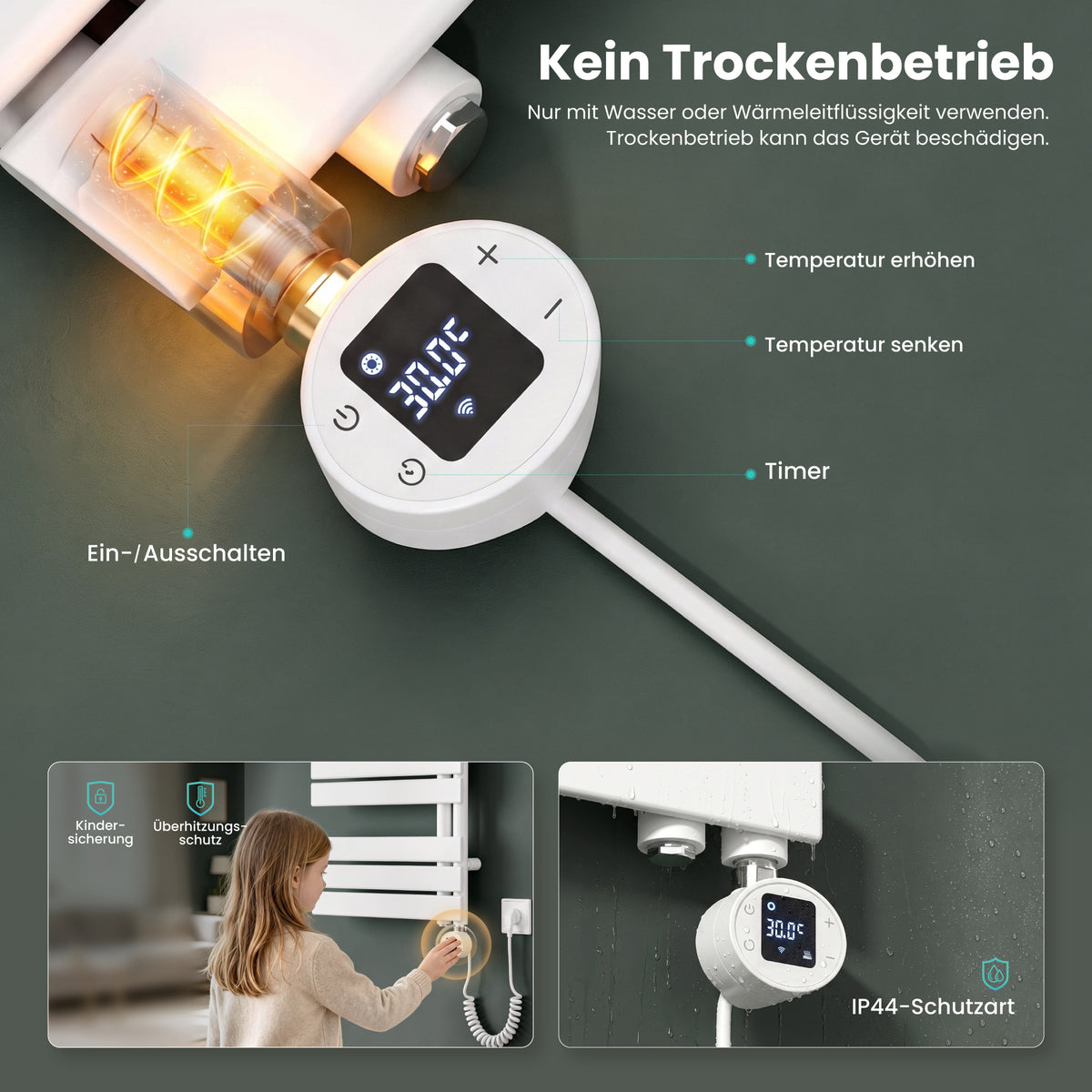 glasvilla Badheizkörper,mit Heizstab Badheizung,Handtuchheizkörper mit Seitenanschluss, Handtuchwärmer mit Heizstab 600W/900W, App-Steuerung, Thermostat und Timerfunktion,‎FN con Heizstab-03