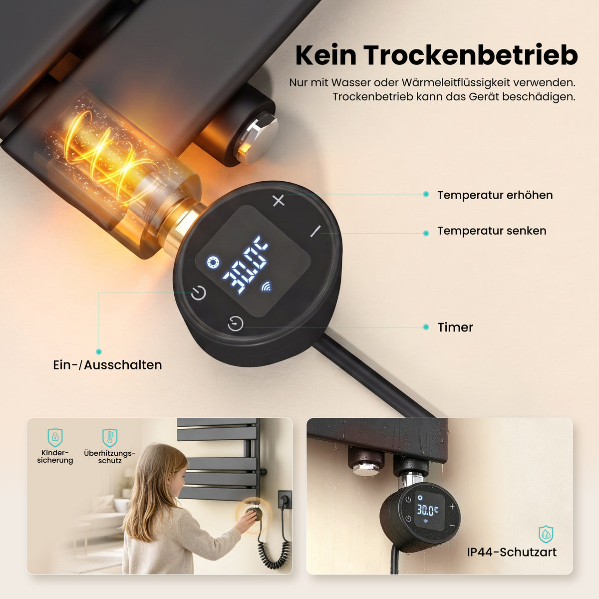 glasvilla Badheizkörper,mit Heizstab Badheizung,Handtuchheizkörper mit Seitenanschluss, Handtuchwärmer mit Heizstab 600W/900W, App-Steuerung, Thermostat und Timerfunktion,‎FN con Heizstab-03