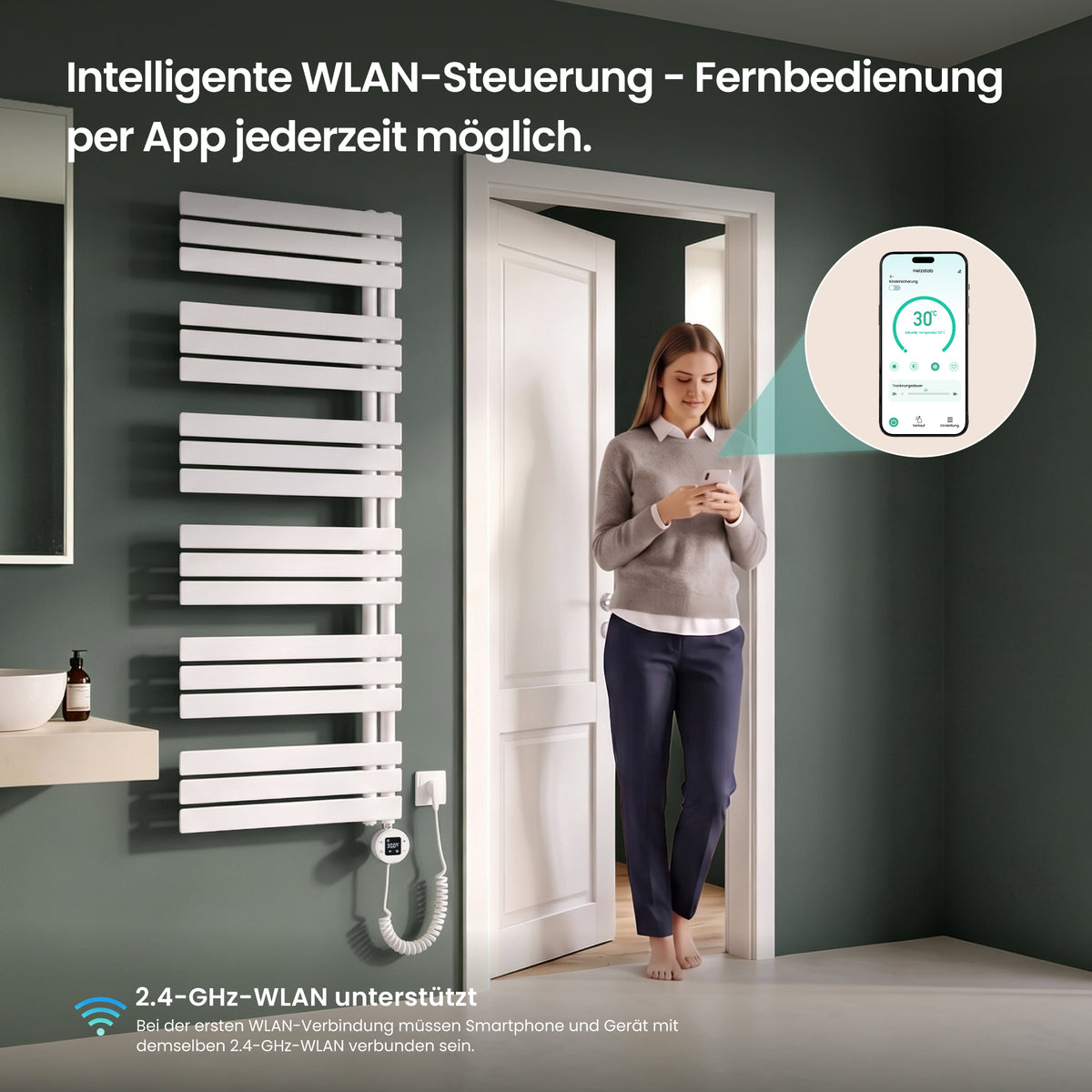glasvilla Badheizkörper,mit Heizstab Badheizung,Handtuchheizkörper mit Seitenanschluss, Handtuchwärmer mit Heizstab 600W/900W, App-Steuerung, Thermostat und Timerfunktion,‎FN con Heizstab-03