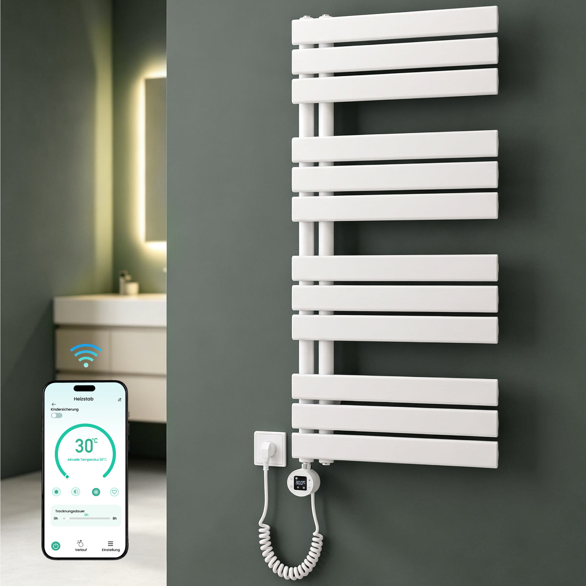 glasvilla Badheizkörper,mit Heizstab Badheizung,Handtuchheizkörper mit Seitenanschluss, Handtuchwärmer mit Heizstab 600W/900W, App-Steuerung, Thermostat und Timerfunktion,‎FN con Heizstab-03