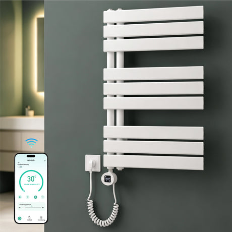glasvilla Badheizkörper,mit Heizstab Badheizung,Handtuchheizkörper mit Seitenanschluss, Handtuchwärmer mit Heizstab 600W/900W, App-Steuerung, Thermostat und Timerfunktion,‎FN con Heizstab-03