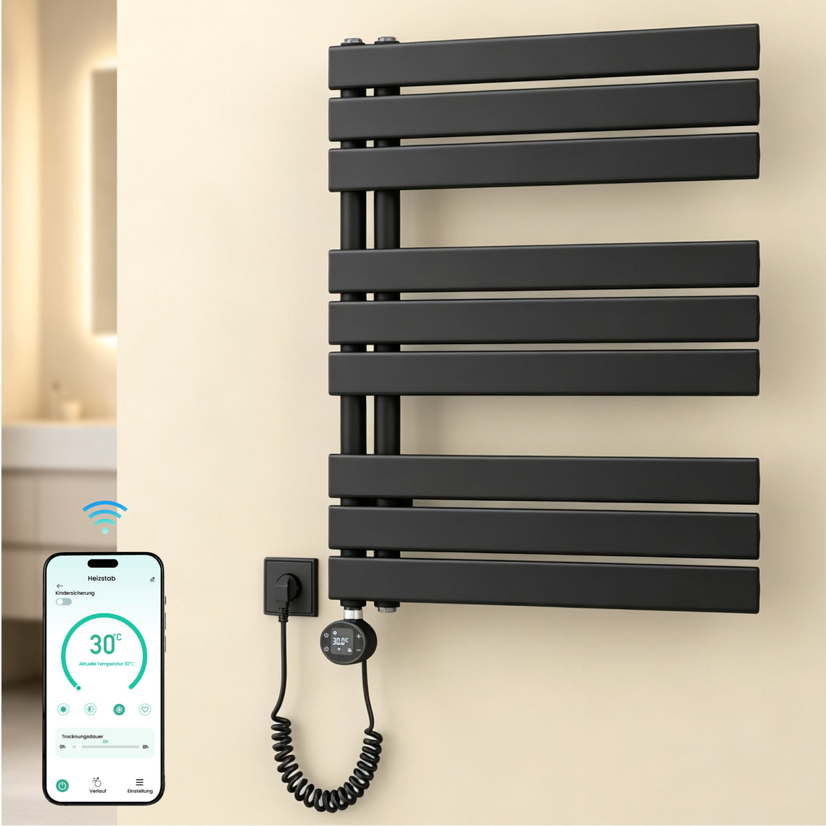 glasvilla Badheizkörper,mit Heizstab Badheizung,Handtuchheizkörper mit Seitenanschluss, Handtuchwärmer mit Heizstab 600W/900W, App-Steuerung, Thermostat und Timerfunktion,‎FN con Heizstab-03