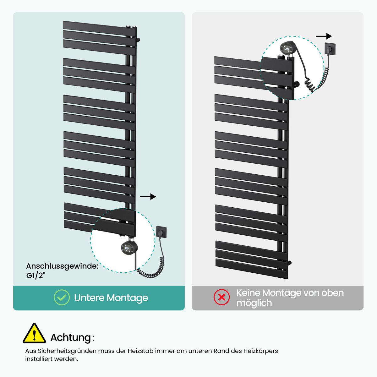 glasvilla Badheizkörper,mit Heizstab Badheizung,Handtuchheizkörper mit Seitenanschluss, Handtuchwärmer mit Heizstab 600W/900W, App-Steuerung, Thermostat und Timerfunktion,‎FN con Heizstab-03