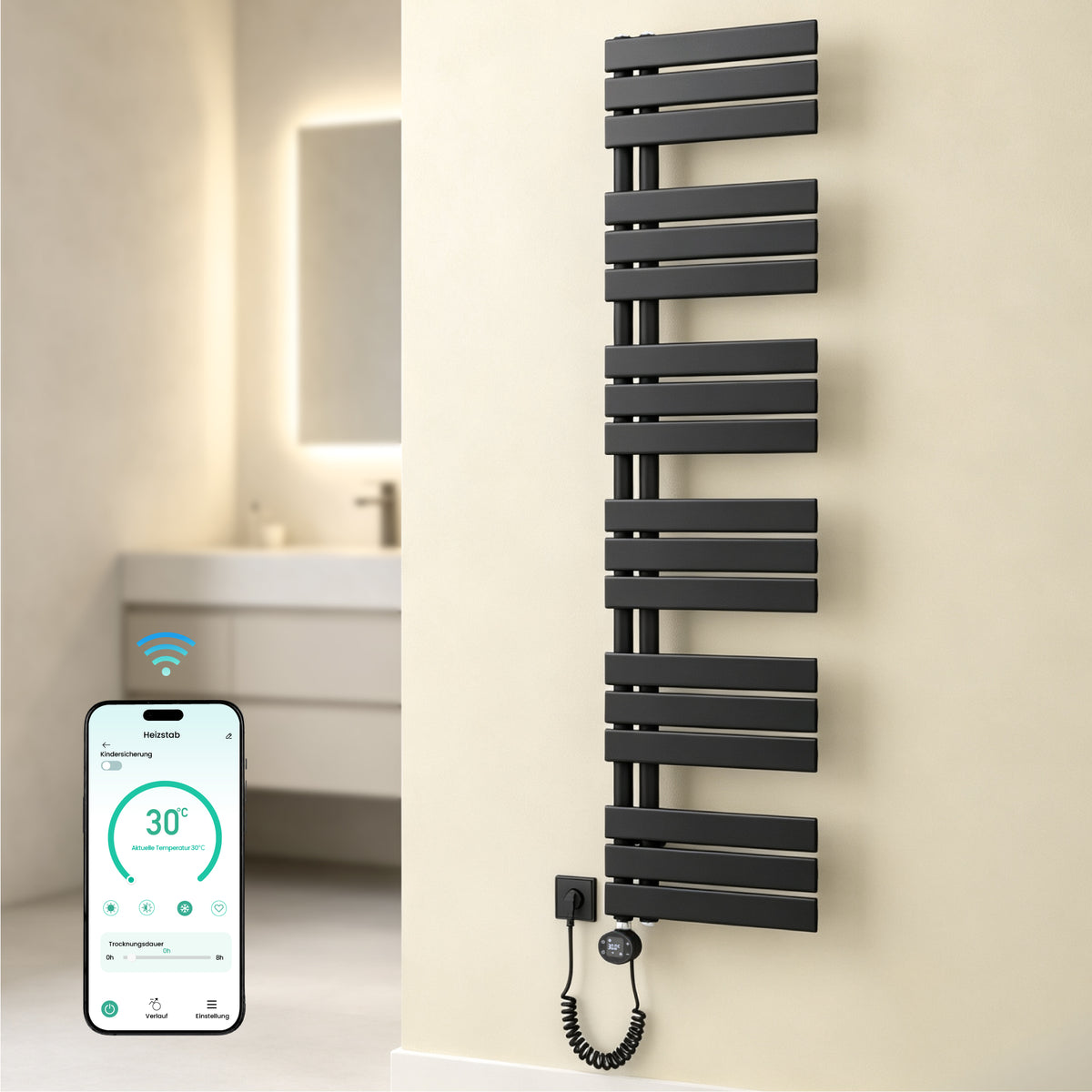 glasvilla Badheizkörper,mit Heizstab Badheizung,Handtuchheizkörper mit Seitenanschluss, Handtuchwärmer mit Heizstab 600W/900W, App-Steuerung, Thermostat und Timerfunktion,‎FN con Heizstab-03