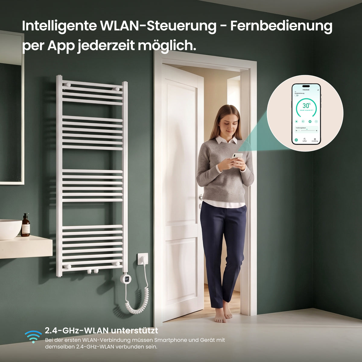 glasvilla Badheizkörper mit Heizstab  Badheizung  Handtuchheizkörper elektrisch mit App-Steuerung, Thermostat & Timer-Funktion, Röhrenheizkörper Seitenanschluss