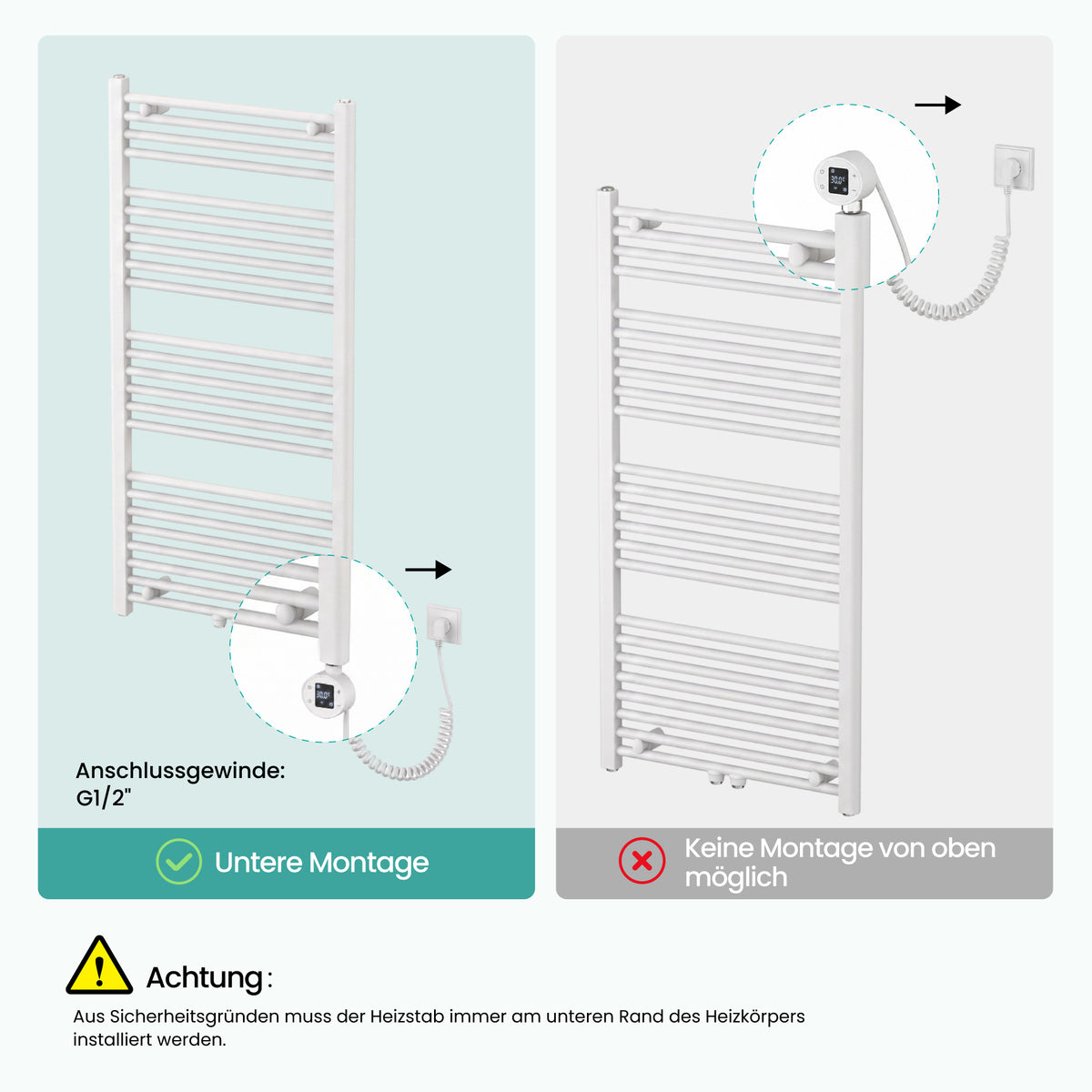 glasvilla Badheizkörper mit Heizstab  Badheizung  Handtuchheizkörper elektrisch mit App-Steuerung, Thermostat & Timer-Funktion, Röhrenheizkörper Seitenanschluss