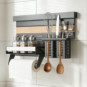 glasvilla -Stöckiges Gewürzregal Küche mit Handyhalter und Utensilientöpfe inkl. 5 Haken, Multifunktional Küchenregal abnehmbar mit Schiene , Küchen Organizer Reglo-09-12