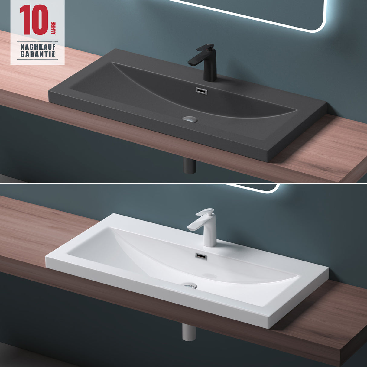 Lavabo Glasvilla, vasque encastrée, meuble-lavabo, en fonte minérale, rectangulaire, 1 trou de robinetterie, avec trop-plein, Col01