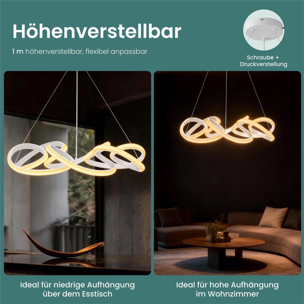 glasvilla Pendelleuchte Esstisch, 52cm LED Moderne Hängelampe Weiß, stufenlos dimmbar 3000K–6400K, höhenverstellbare Design 67W Esstischlampe mit Fernbedienung & Wandschalter, Alivetta25040
