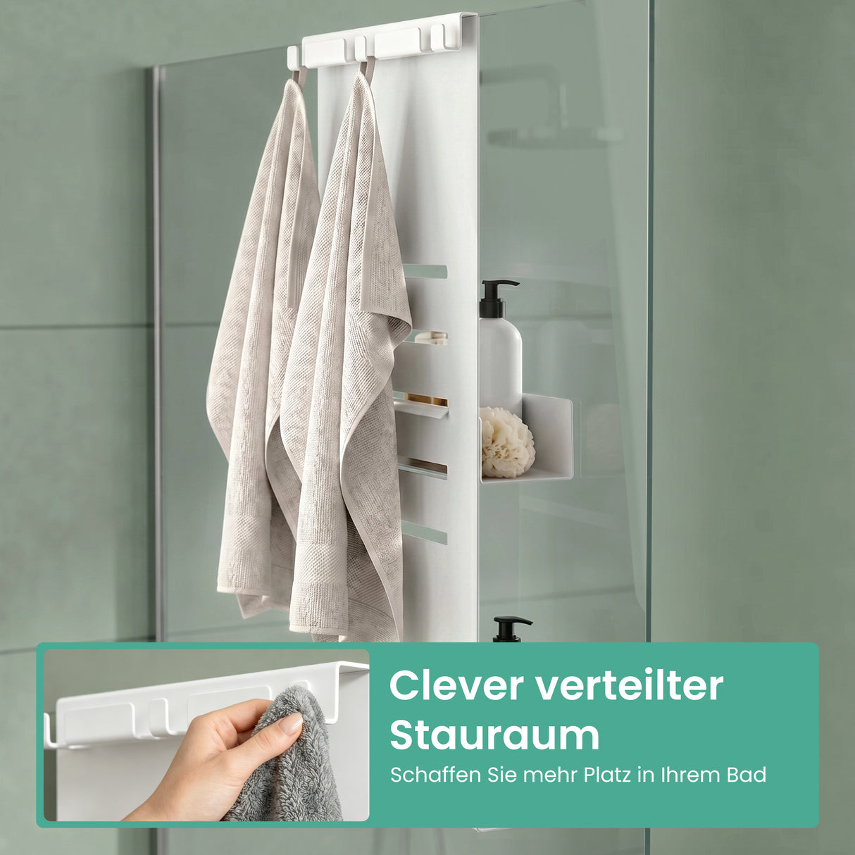 glasvilla Duschablage zum Hängen, Duschregal Ohne Bohren für Glasduschtüren, Hängeregal mit 2 Etagen und 3 Haken, Badezimmer Organizer  Oryne-01
