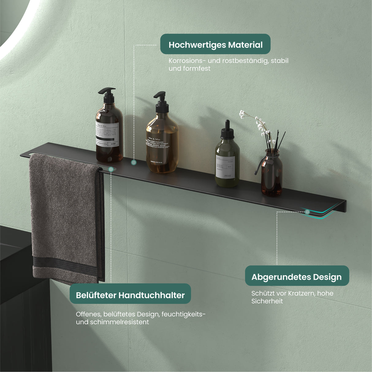 glasvolla Duschablage zum Bohren oder Kleben Duschregal Badablage aus Aluminium Badezimmerablage zur Wandmontage Badezimmer Organizer Reglo-06