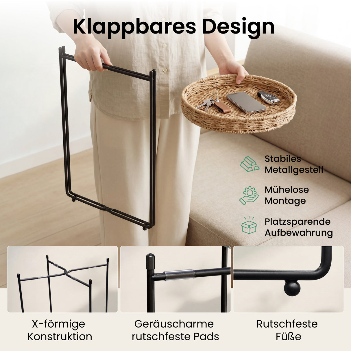 glasvilla Beistelltisch rund , Couchtisch klein mit abnehmbarem Tablett aus Papierkordel, Sofatisch für Wohnzimmer, Schlafzimmer und Balkon,  Reglo-08