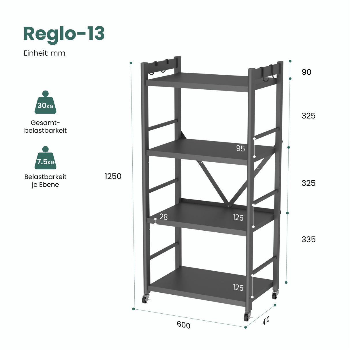 Glasvilla küchenregal stehend mit 4 Ebenen, Standregal küchen mit 4 Lenkrollen und Seitlichen Haken, Küchen Organizer für Mikrowelle, Töpfe & Gewürze,  Reglo-13