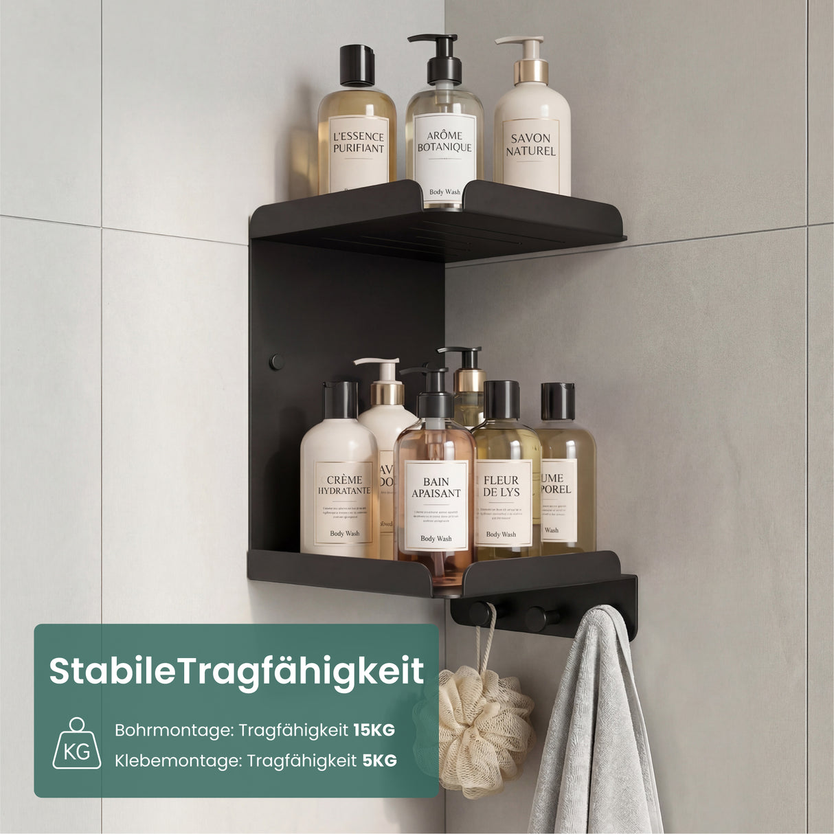 glasvilla Mensola Doccia Angolare in Acciaio al Carbonio, Antiruggine, Mensola Bagno da Appendere Adesiva o con Foratura per Shampoo Sapone Bagnoschiuma, Reglo-14
