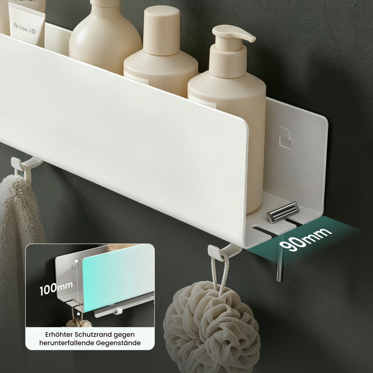 glasvilla Duschablage ohne Bohren mit 2 Schiebehaken,  Reglo-18 40cm | Duschregal ohne Bohren oder mit Bohren, Ablaufdesign Badezimmer Organizer, Metall, Shampoo Halterung für Dusche, Bad & Küche