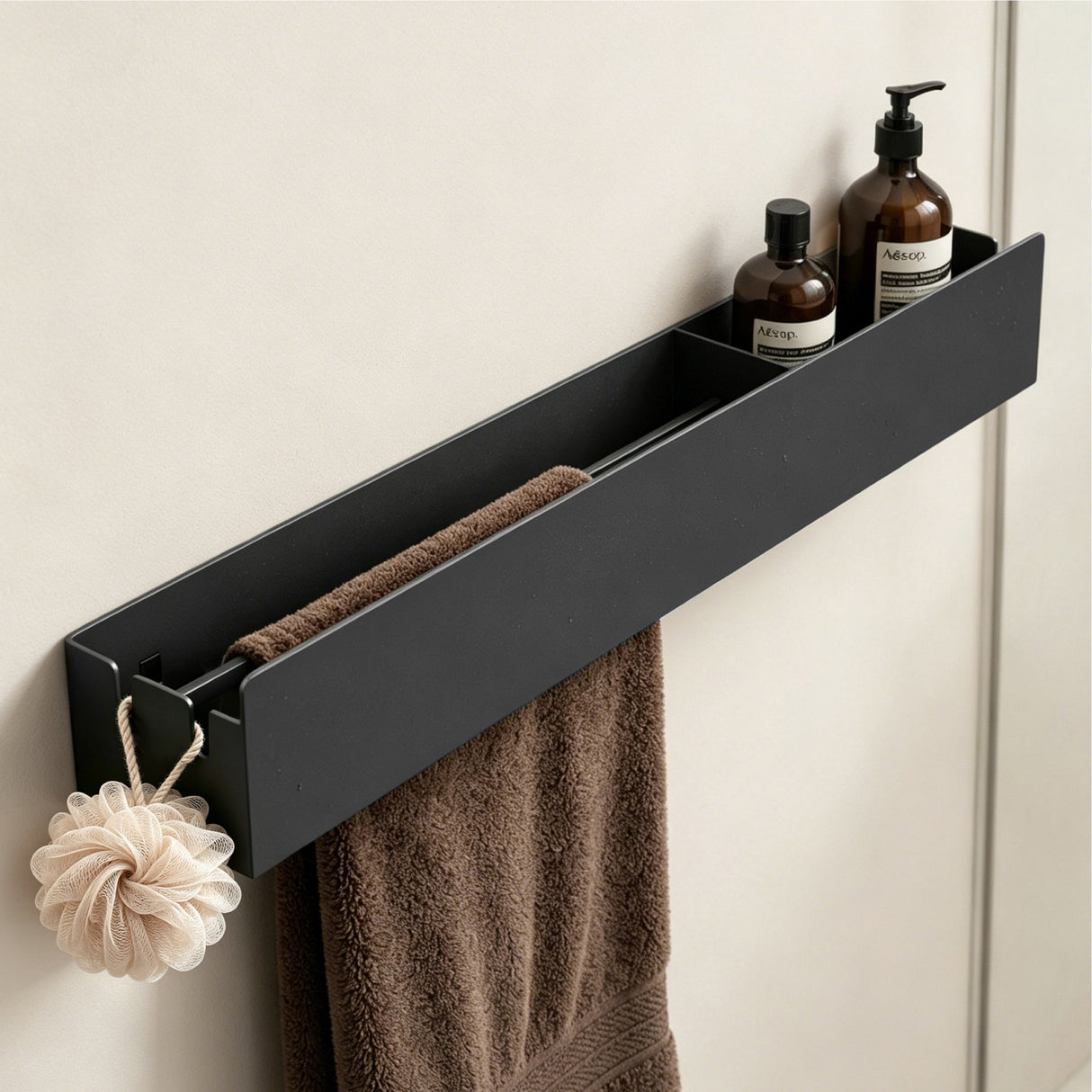 glasvilla Duschablage ohne Bohren mit Handtuchhalter, 60cm  Reglo-18 | Duschregal ohne Bohren oder mit Bohren, Drainage, Duschablage zum Hängen, Metall, Shampoo Halterung für Dusche, Bad, Küche