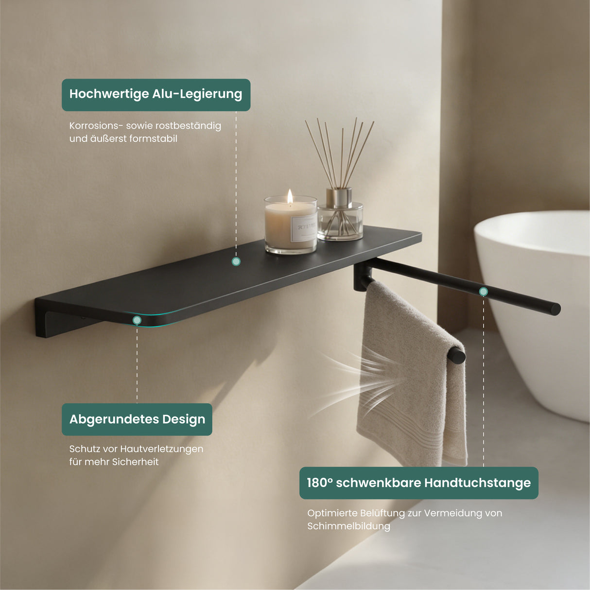 glasvilla Étagère de douche à percer, Étagère de douche avec 2 barres porte-serviettes en alliage d'aluminium, Étagère de salle de bain à fixer au mur, Organisateur de salle de bain Reglo-19