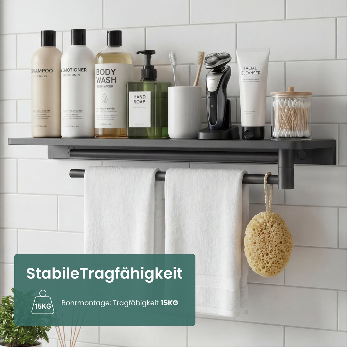 glasvilla Duschablage zum Bohren, Duschregal mit 2 Handtuchstangen aus Aluminiumlegierung, Badezimmerablage zur Wandmontage, Badezimmer Organizer  Reglo-19