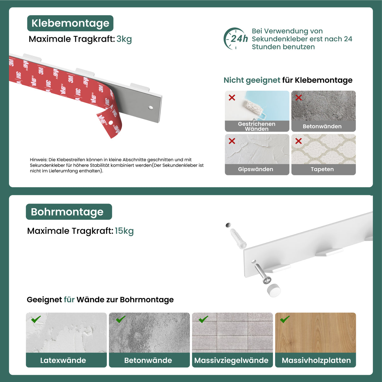 glasvilla Wandgarderobe Wandhaken aus Aluminium Garderobe mit klappbaren Haken Garderobenleiste Garderobenhaken Kleiderhaken Stalo-02+03