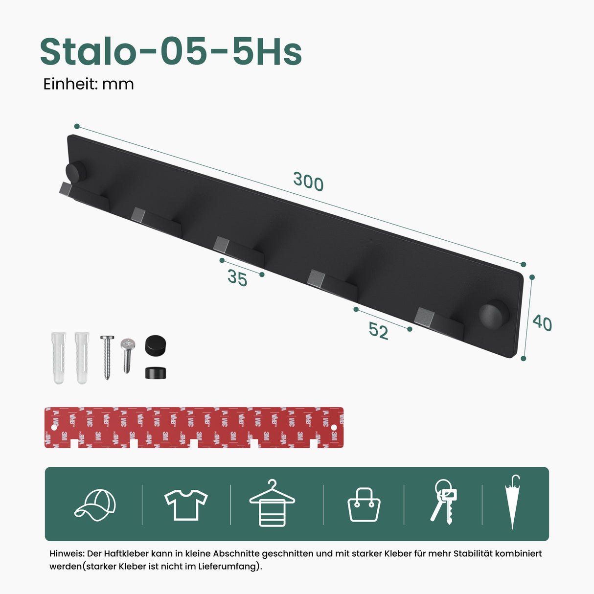 Porte-manteau mural Glasvilla, crochets muraux en aluminium, porte-manteau avec crochets pliables, tringle à vêtements, crochets pour vêtements Stalo-04+05 