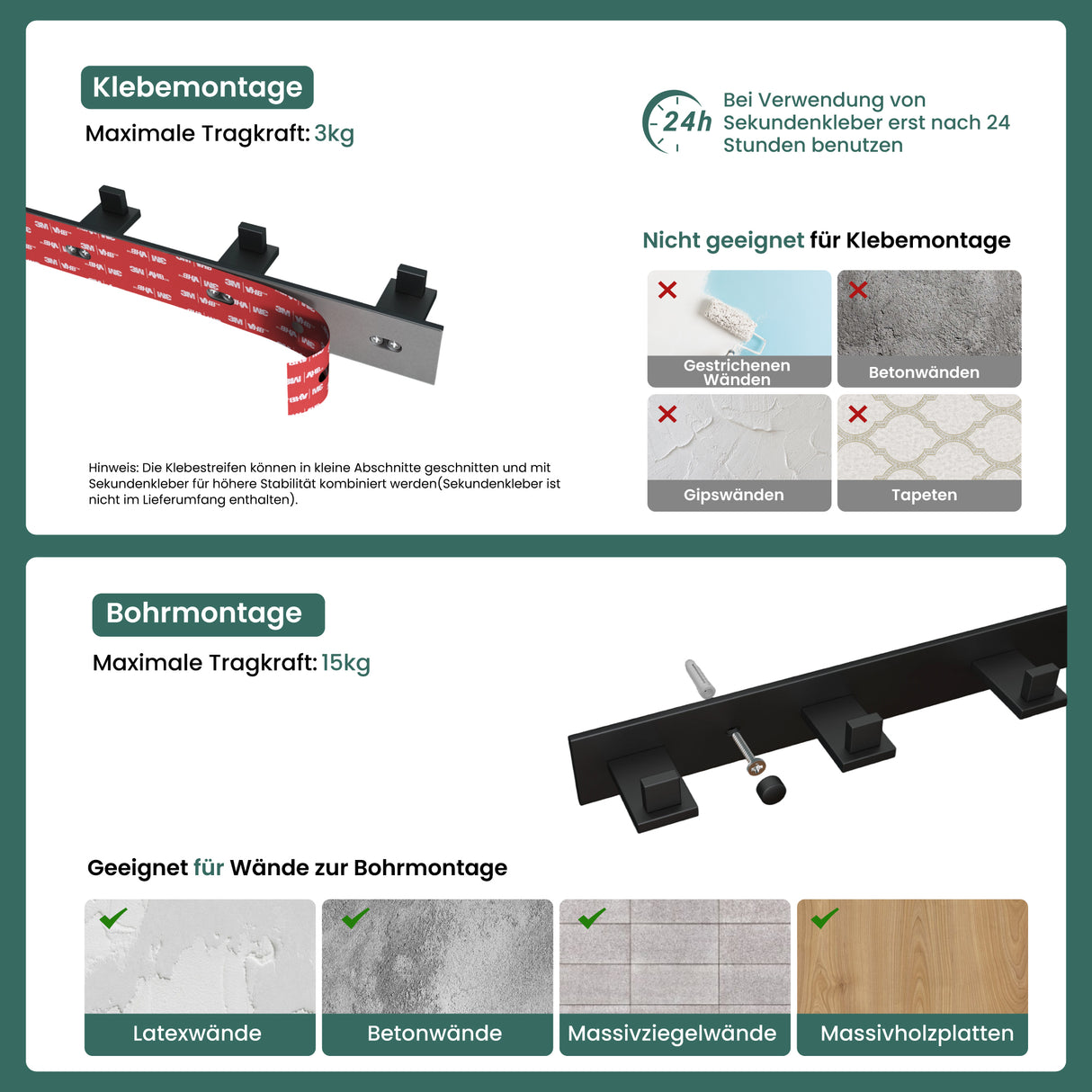 glasvilla Patères Porte-Manteau Mural Crochets Muraux en Acier Inoxydable à Manteaux Stalo-06+Stalo-07