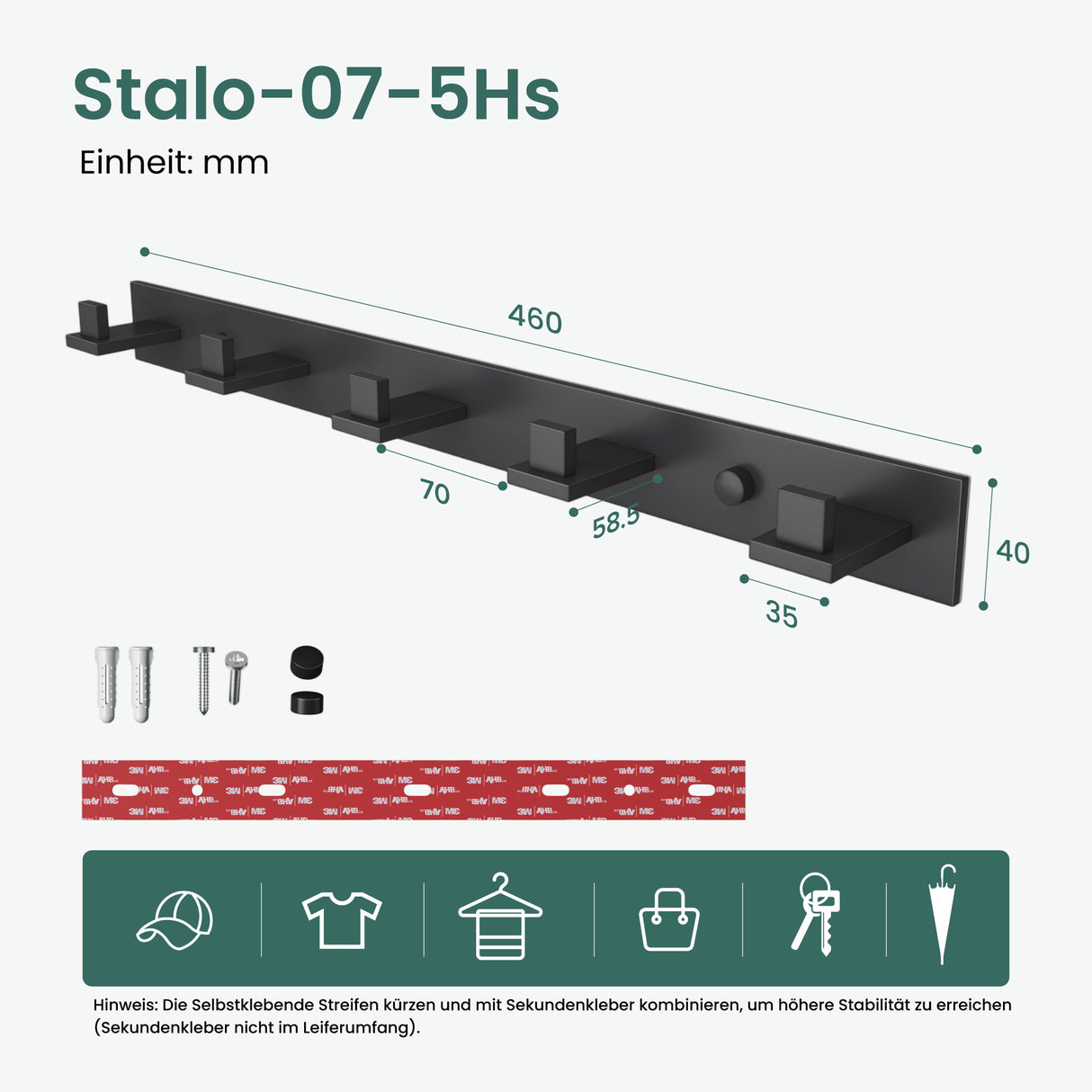 glasvilla Patères Porte-Manteau Mural Crochets Muraux en Acier Inoxydable à Manteaux Stalo-06+Stalo-07