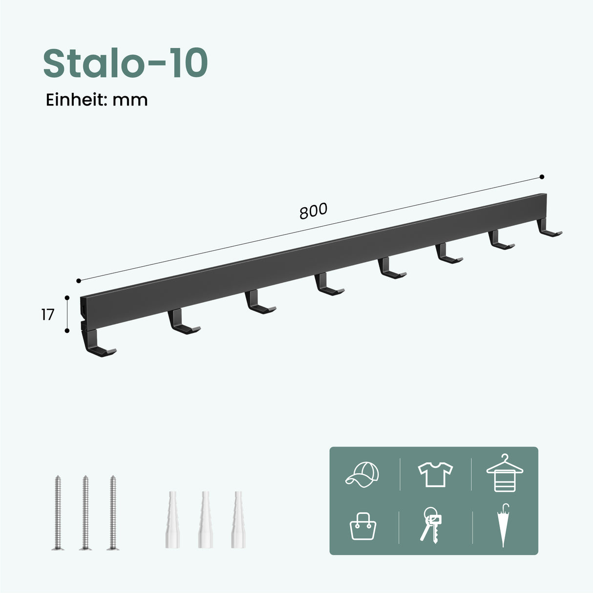 glasvilla Garderobenleiste mit verstellbaren Haken, Kleiderhaken aus Aluminium, Wandgarderobe Garderobenhaken Stalo-10