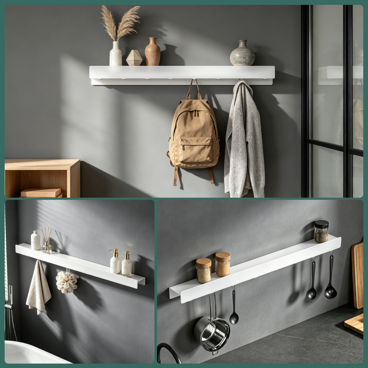 glasvilla Wandgarderobe mit Ablage und 8 Haken, Garderobenleiste mit versteckten Kleiderhaken, Kleiderstange Wandmontage  Stalo-11
