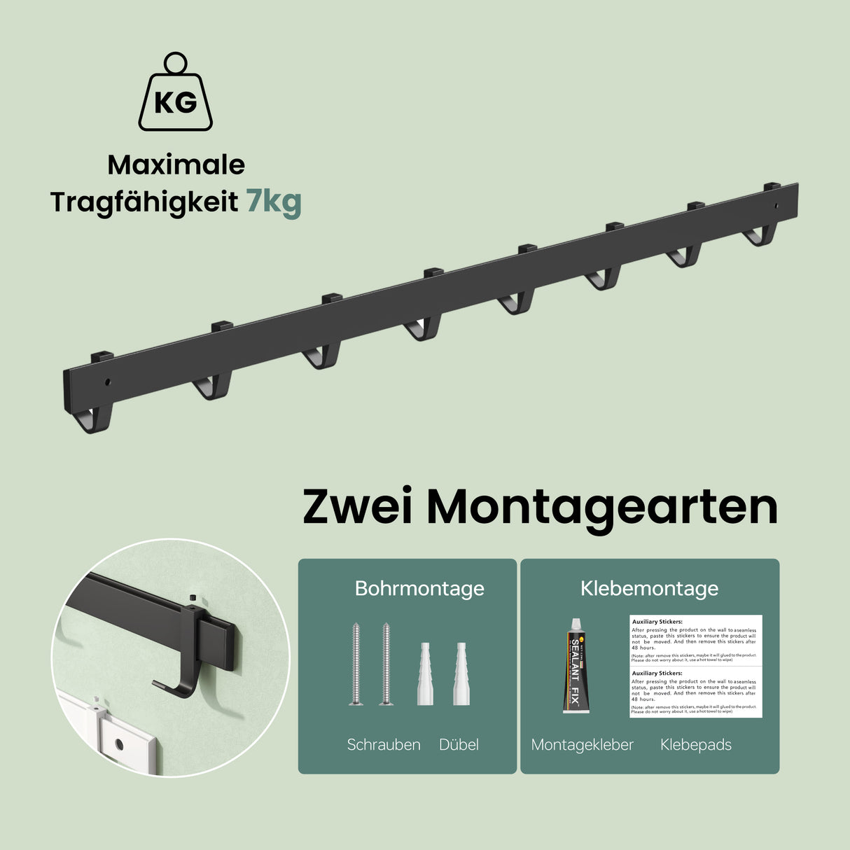 glasvilla Kleiderhaken zum Bohren oder Kleben, Garderobenleiste aus Aluminium, Garderobenhaken Wandhaken Stalo-12