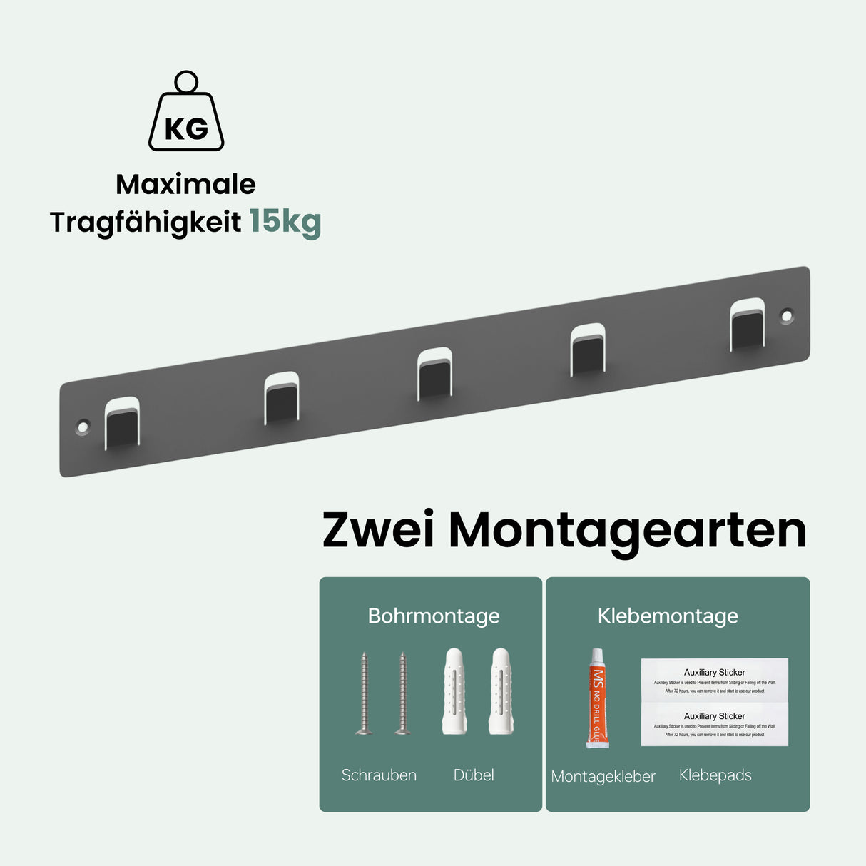 glasvilla Appendiabiti da Parete con 5 Ganci, Attaccapanni da Muro in Metallo, Strato Antiruggine, Ganci Appendiabiti per Camera da Letto, Ingresso, Cucina, Bagno, Stalo-14