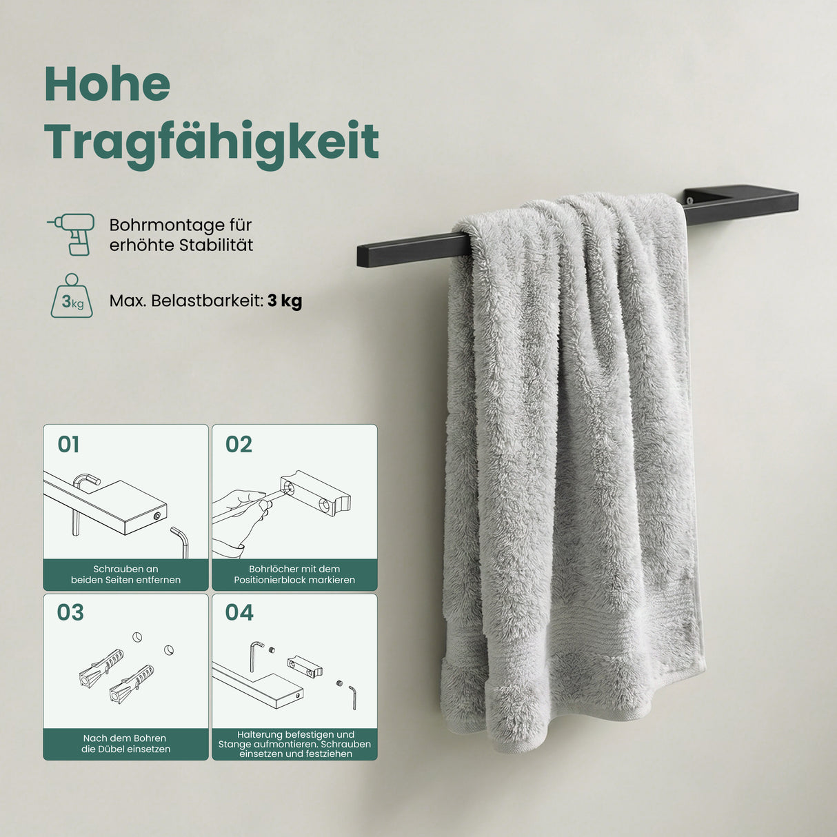 glasvilla Handtuchhalter aus Edelstahl, Handtuchstange  38cm | Hantuchhalterung Wandmontage für Bad & Küche, Badetuchhalter Einarmig Tavrin-05