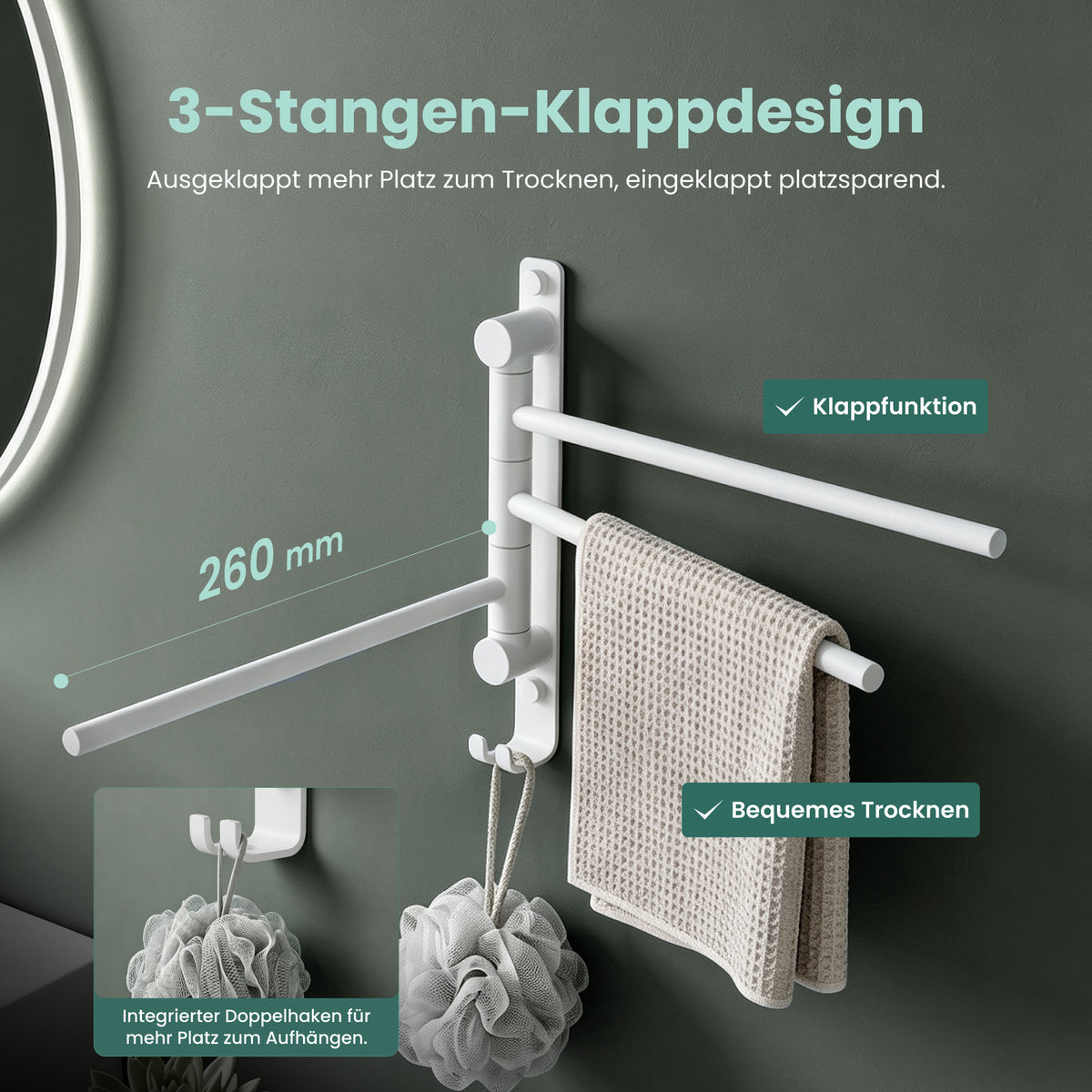 glasvilla Handtuchhalter 180° Schwenkbar 3-armig aus Edelstahl  Handtuchhalterung Badetuchhalter ohne Bohren oder mit Bohren, 3-Stangen Handtuchstange für Bad und Küche, Tavrin-06
