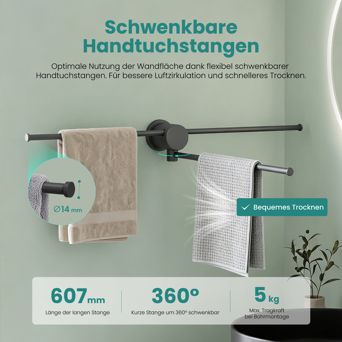 glasvilla Handtuchhalter ohne Bohren, 360° schwenkbar,  Wand-Handtuchhalter aus Aluminium, 60,7 cm, selbstklebend oder zum Bohren, verstellbar, für Hand- & Badetücher, Tavrin-08