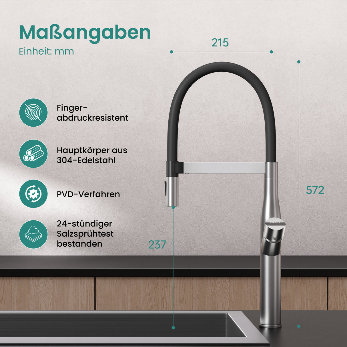 glasvilla Küchenarmatur Spültischarmatur aus Edelstahl, Küchenwasserhahn mit Einhebelmischer und magnetischer Geschirrbrause, 360° Schwenkbar Turnix-01