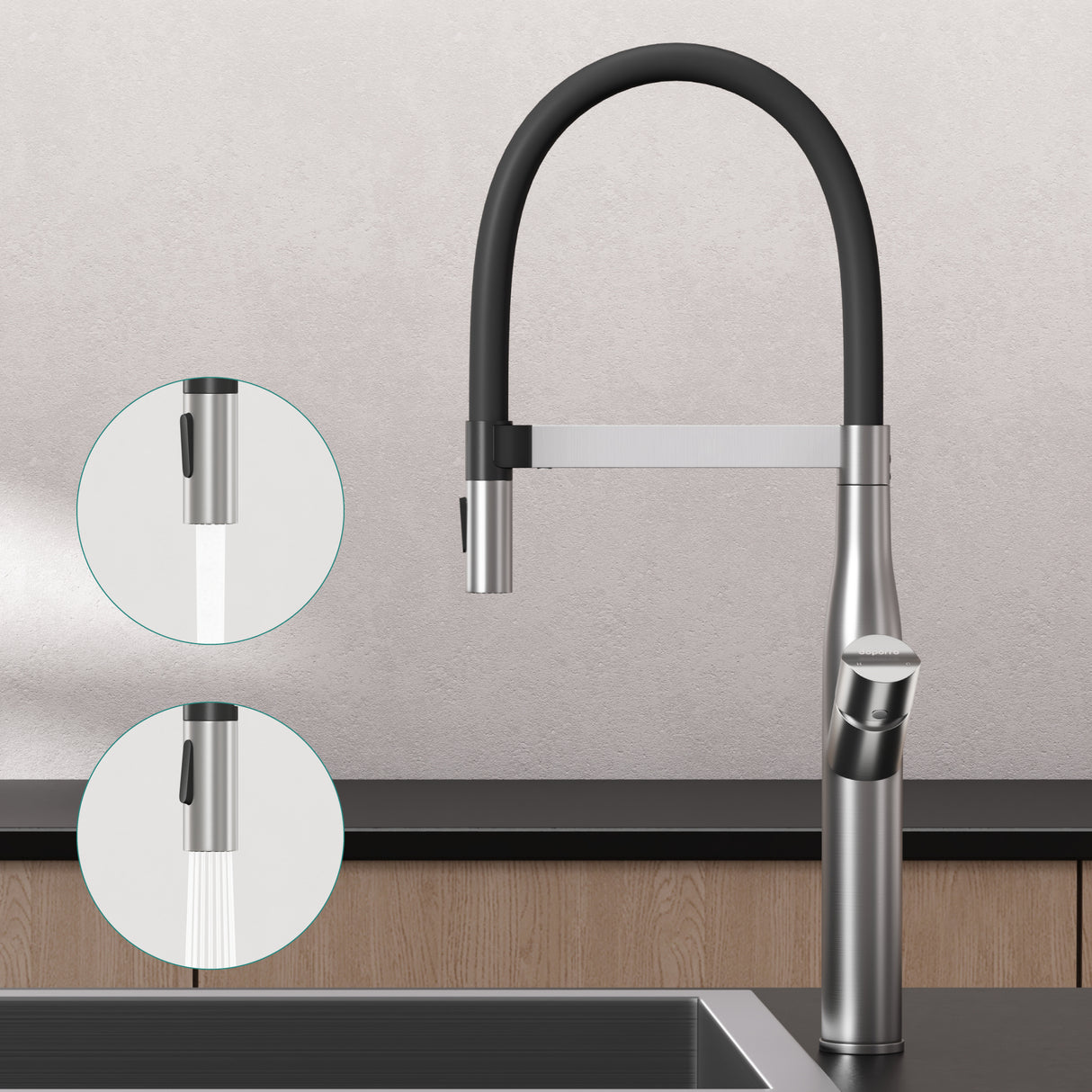 glasvilla Küchenarmatur Spültischarmatur aus Edelstahl, Küchenwasserhahn mit Einhebelmischer und magnetischer Geschirrbrause, 360° Schwenkbar Turnix-01